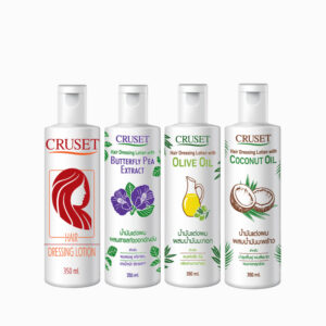 CRUSET Hair Dressing Lotion ช่วยแต่งผมให้เข้ารูป อยู่ทรง มีน้ำหนัก มี 4 สูตร สูตรดั้งเดิม สูตรดอกอัญชัน สูตรน้ำมันมะกอก และสูตรน้ำมันมะพร้าว