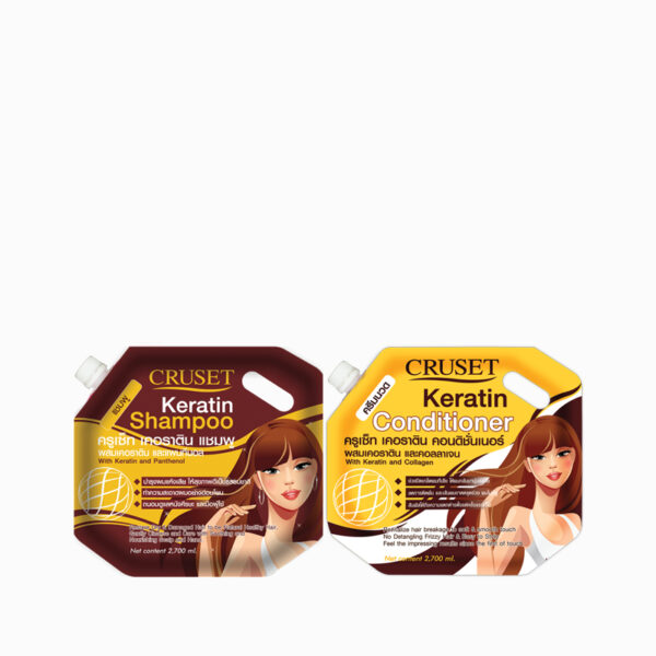 CRUSET Keratin Shampoo and Conditioner บำรุงผมแห้งเสีย ให้สุขภาพดีเป็นธรรมชาติ ทำความสะอาดผมอย่างอ่อนโยน ถนอมดูแลหนังศีรษะ และมือผู้ใช้